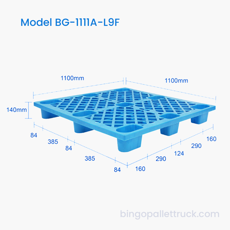 1100x1100 mm Let 9-bens plastpalle med 4-vejs indgang til pallestik
