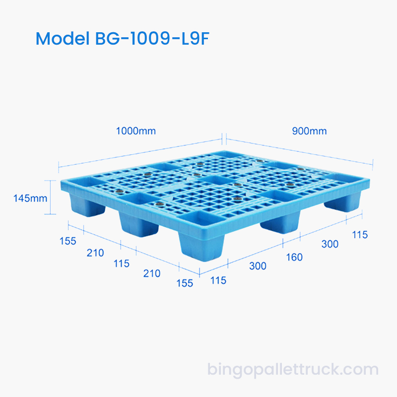 1000x900 mm enkeltsidet let brugs plastikpalle med gitterdæk og 9 fod