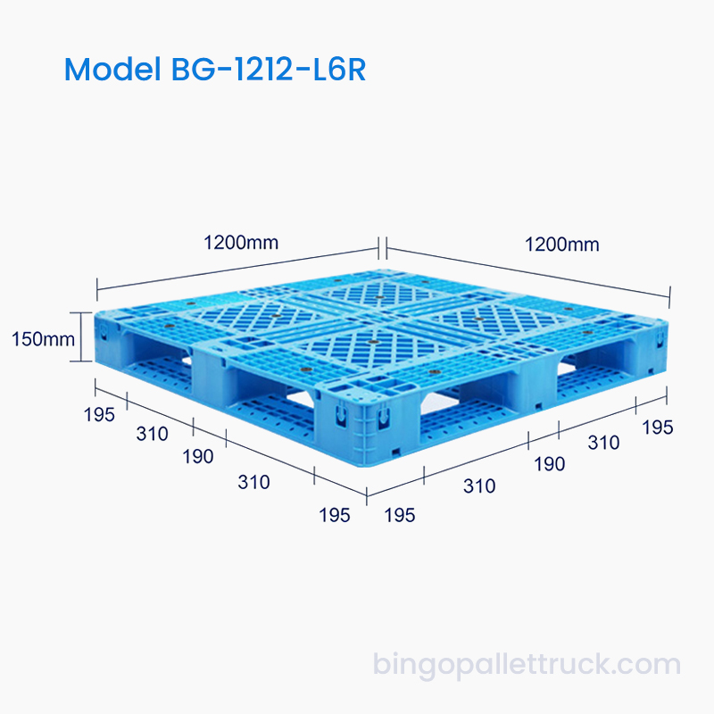 1200x1200 mm plastpalle med seks løbere med forstærket bund til tunge belastninger